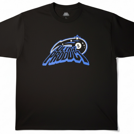 Black t-shirt with blue graphic design on a white background